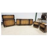 1217	MID CENTURY MODERN 4 PIECE BEDROOM SET WITH HIGH/LOW CHEST WITH 2 BEDSIDE STANDS, HIGH CHEST APPROXIMATELY 44 IN X 21 IN X 32 IN H, LOW CHEST 72 IN X 21 IN X 32 IN H, STANDS 24 IN X 16 IN X 27 IN