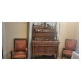 antique sideboard with marble countertop, two Empire Arm Chairs