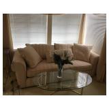 Beige Striped Sofa / Glass Coffee table