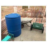 wheel barrow, fertilizer spreader, barrell