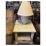 1 of 2 white end tables w/storage basket