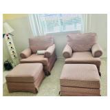 (2) Red Checkered Arm Chairs w/Ottomans