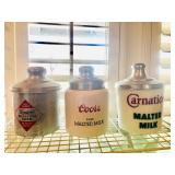 Coors Porcelain Malted Milk Crock - Carnation Porcelain Malted Milk Crock - Borden Metal Malted Milk