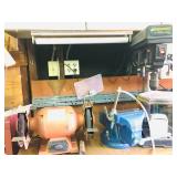 Bench grinder, table vice, drill press