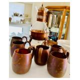 Vintage Copper Coffee Pot w/ Mugs