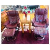 (2) Burgundy Leather Rocker Chairs w/Footstools