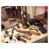 Artillary shell lamp base, vintage tools and other collectibles