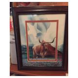 Texas Longhorn in a field of bluebonnets