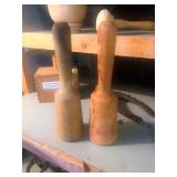 Primitive mallet, butter mold, and mortar/pestle.