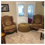 Cstom upholstered chairs with wood and leather accents.  Large, upholstered ottoman