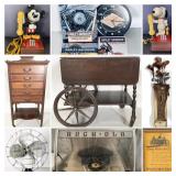 Rock Ola Jukebox, Vintage Tea Cart, Bombay Vanity, Vintage Mikey & Snoopy Phones, Harley Davidson Items & More!