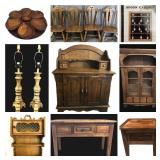 Large Walnut Toned Wood Cabinet, Wood Dining Chairs, Rustic Medium Toned Coffee Table, Pyle Retro Vi