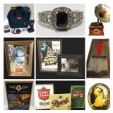 Large Walnut Toned Wood Cabinet, Wood Dining Chairs, Rustic Medium Toned Coffee Table, Pyle Retro Vi