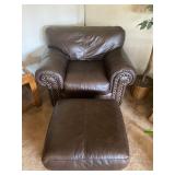 Leather Brown Studded Chair & Ottoman - Chair 36" Tall x 38" Deep x 46" Wide. Ottoman 24" x 26" x 17