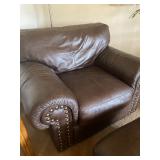 Leather Brown Studded Chair & Ottoman - Chair 36" Tall x 38" Deep x 46" Wide. Ottoman 24" x 26" x 17