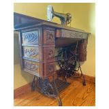 Antique Singer 66 Red Eye Sewing Machine & 7-Drawer Treadle Cabinet- 31"H x 37"W x 17.5"D - $280  