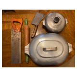 Antique L&IJ #6 Butchers Meat Cleaver, Vintage Rolling Pin, Vintage Warranted Superior Miter Hand Sa