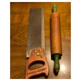 Antique L&IJ #6 Butchers Meat Cleaver, Vintage Rolling Pin, Vintage Warranted Superior Miter Hand Sa