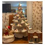 Vintage 18" White Ceramic Christmas Tree & Mayberry Courthouse By Hawthorn & Reindeer Trinket-box - 