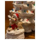 Vintage 18" White Ceramic Christmas Tree & Mayberry Courthouse By Hawthorn & Reindeer Trinket-box - 