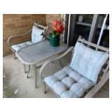 3PC Patio Set W/Vintage Watering Can. 2xChairs W/Cushions & 2-Tier Glass Top Table - $75