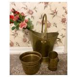 3PC Brass & Copper Set. Matchstick Holder W/Strike Pad, Garden Pot & Handled Pail - $30