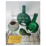 Nemadji Vase, Green Glass Bottles & Bird Figurine 