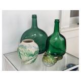 Nemadji Vase, Green Glass Bottles & Bird Figurine 