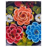 Vtg Handpainted Mexican Folk Art Wood Batea Tray 