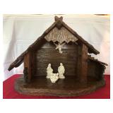 18-Piece Glazed Ceramic Nativity Set By Atlantic Mold & Handcarved Solid Wood Manger W/Music Box