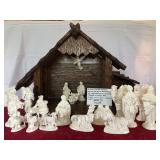 18-Piece Glazed Ceramic Nativity Set By Atlantic Mold & Handcarved Solid Wood Manger W/Music Box