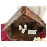18-Piece Glazed Ceramic Nativity Set By Atlantic Mold & Handcarved Solid Wood Manger W/Music Box