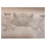 Pressed Glass Bowl & Candle Sticks
