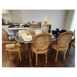 Faux Bois Dining Chairs with Rush Seats, Chrome and Glass Table 