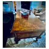 This desk is STUNNING. Every detail hand crafted to perfection. Rare Bocote wood (I believe). Take y