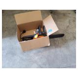 NEW ELECTRIC CHAINSAW, DROP LEAF TABLE WITH CHAIRS, TOOLS AND MISC HOUSEHOLD