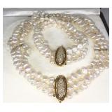 13.5” 3 Strand Freshwater Pearl Choker 21 Pave Diamonds in 14k Clasp Matching 7.5” Bracelet $900 OBO
