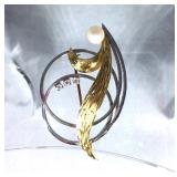 14k MCM Brooch, 6mm Cultured Pearl, (3) .03ct Diamonds, 8.5gm, Signed HR $295 OBO