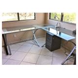 Glass Desk with L/R Return & Corner Piece,  Crossed Metal Legs, 48W x 27.5L each desk $325set
