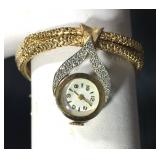 14k Art Deco Bracelet with Gold Watch Capped by White Gold Bannered Pave Diamonds, 6.5", 36.8g; $950