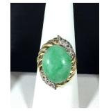 14k Oval Jade Ring 22x17mm with pave Diamonds; Twist Frame; Size 8.25; 6.6g, $350