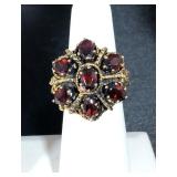 14k Bohemian Garnet Harem Ring, 7 Faceted Garnets 4x6mm ea, fancy Goldwork, 9.3g, $195 OBO