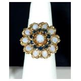 14k Harem Ring, 5mm Center Opal Haloed by a Row of Sapphires & Row of Opals; Goldwork, 9.3g $225 OBO