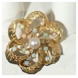 14k Bow Brooch/Pendant 1.25" with (12) 3mm Opals, (6) 2mm Diamonds, 6mm Cultured Pearl; 14.1g; $395 14k Bow Brooch/Pendant 1.25" with (12) 3mm Opals, (6) 2mm Diamonds, 6mm Cultured Pearl; 14.1g; $395