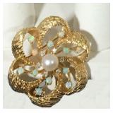 14k Bow Brooch/Pendant 1.25" with (12) 3mm Opals, (6) 2mm Diamonds, 6mm Cultured Pearl; 14.1g; $395