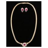 18k Cabachon Ruby 4x6mm, Diamond Halo, 16", 4mm Cobra Chain, Matching Earrings 35.20gtw; $815 18k Cabachon Ruby 4x6mm, Diamond Halo, 16", 4mm Cobra Chain, Matching Earrings 35.20gtw; $815