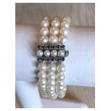 Triple Strand 6mm Cultured Pearl Bracelet with 14k Pearl & Sapphire Security Clasp; 7.5"; $995 OBO Triple Strand 6mm Cultured Pearl Bracelet with 14k Pearl & Sapphire Security Clasp; 7.5"; $995 OBO