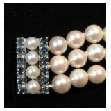 Triple Strand 6mm Cultured Pearl Bracelet with 14k Pearl & Sapphire Security Clasp; 7.5"; $995 OBO Triple Strand 6mm Cultured Pearl Bracelet with 14k Pearl & Sapphire Security Clasp; 7.5"; $995 OBO