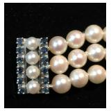 Triple Strand 6mm Cultured Pearl Bracelet with 14k Pearl & Sapphire Security Clasp; 7.5"; $995 OBO