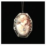 14k Antique Cameo Brooch-Pendant, 40x32mm Framed; Female Profile with 1pt. Diamond; 24" Chain; $350